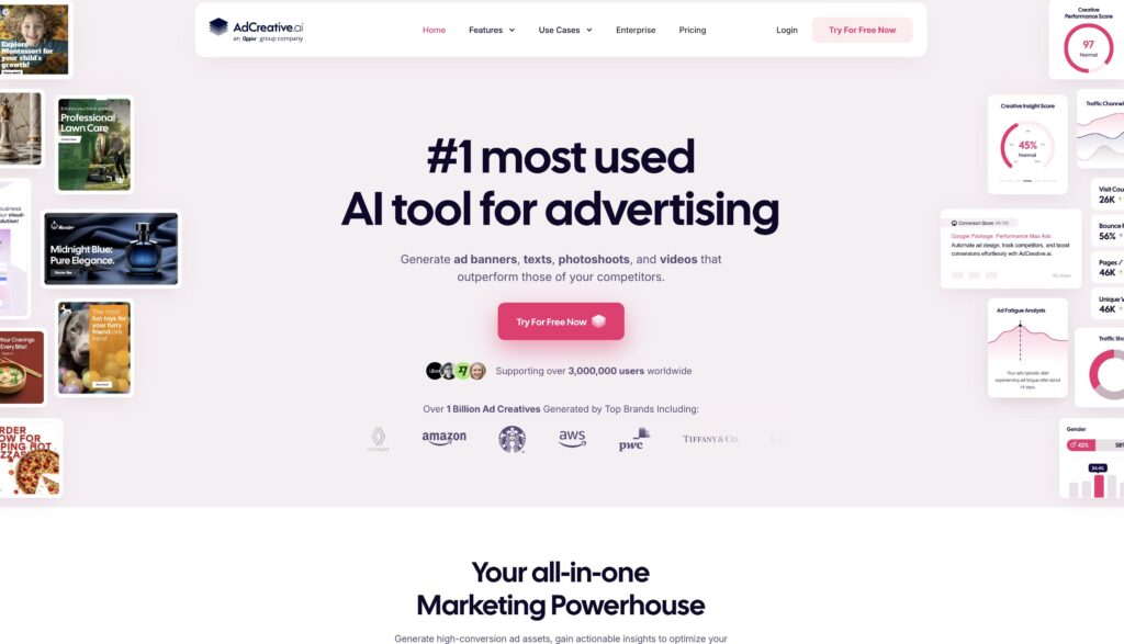 AdCreative AI homepage screenshot, showing AI generated ad designs and data driven advertising optimization.